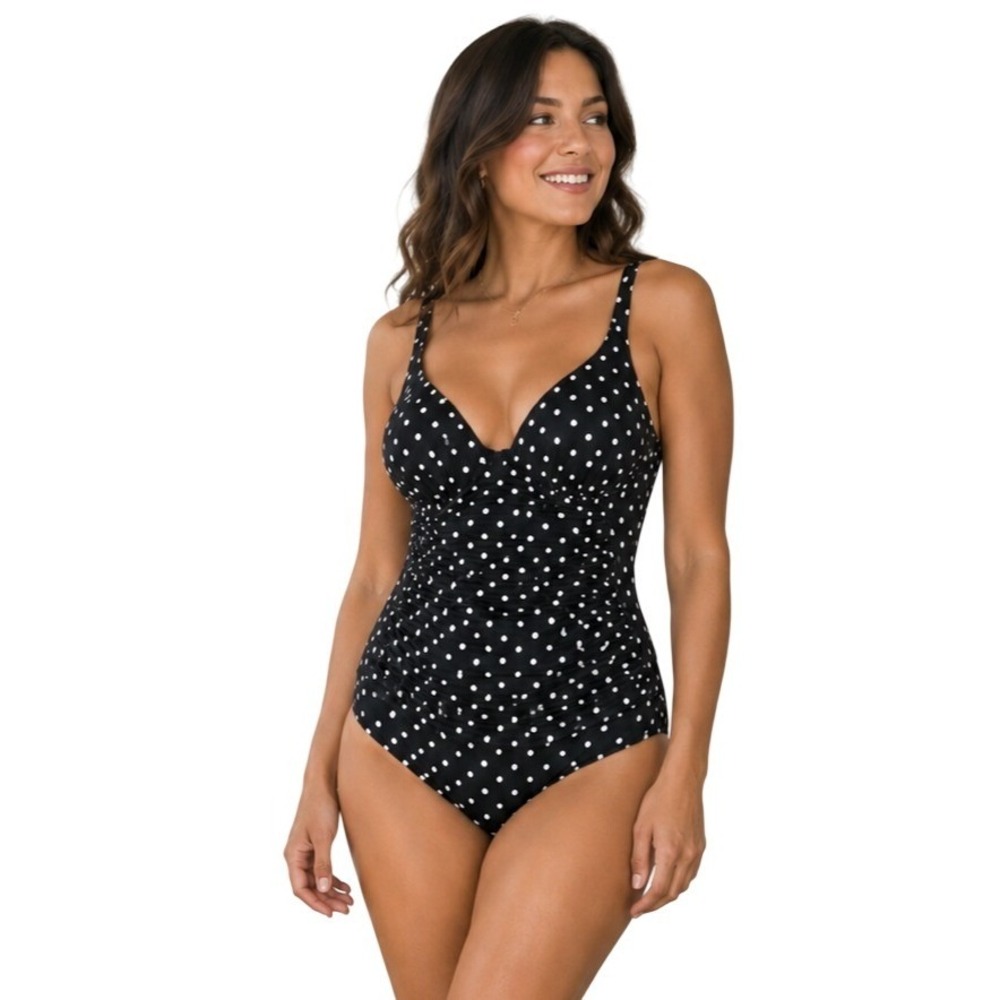 Spanx Ruched One Piece Swimsuit Women 6 Black White Polka Dot Underwire 2656